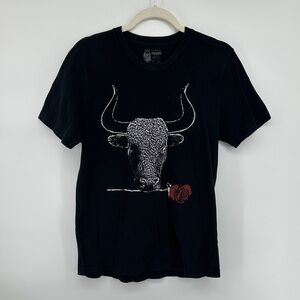 Black 100%Cotton Streetwear Edgy Rock Boho Graphic T-Shirt with Bull Design SzM